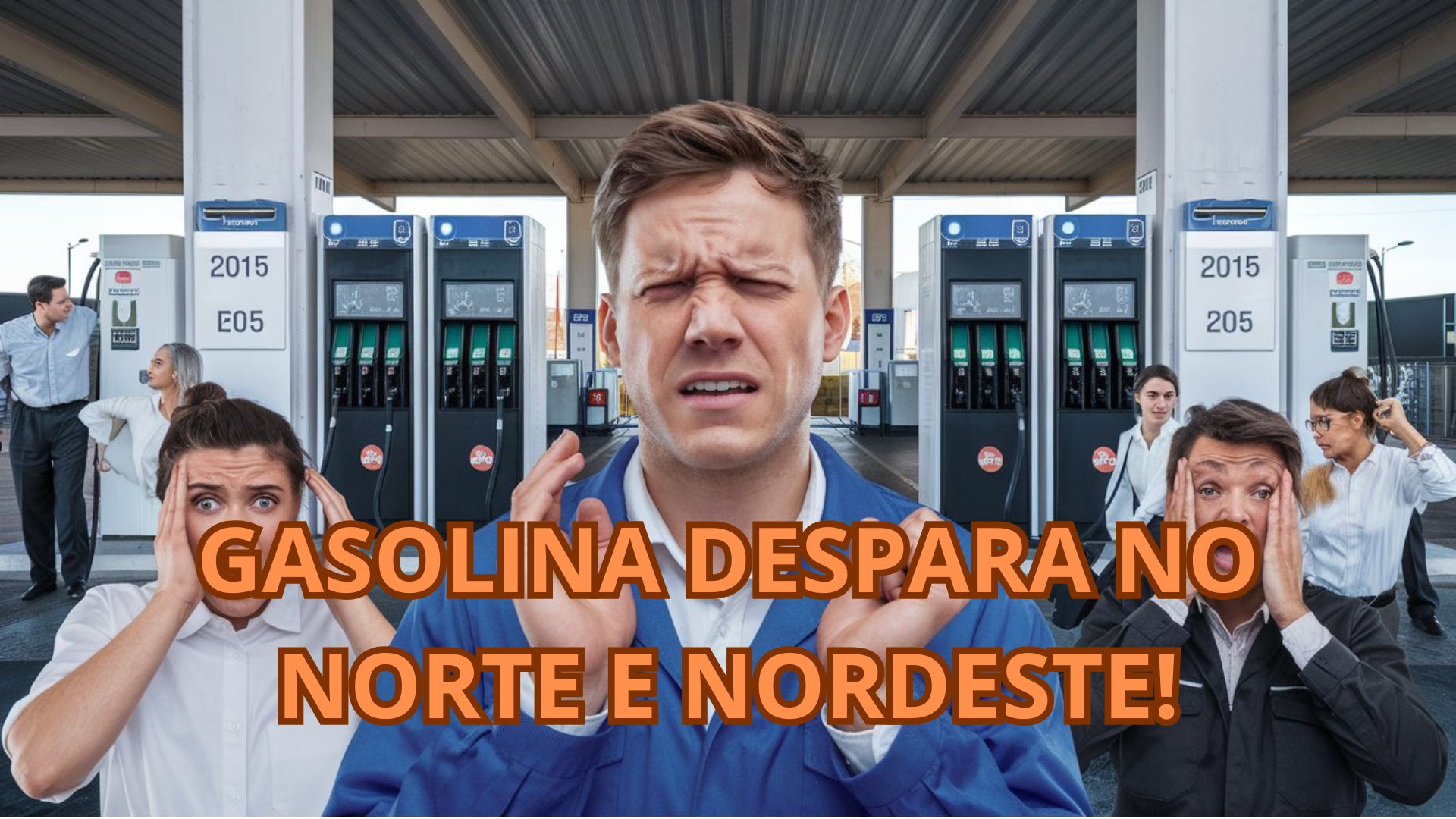 Motoristas assustados em um posto de combustível com a mensagem "Gasolina dispara no Norte e Nordeste!".