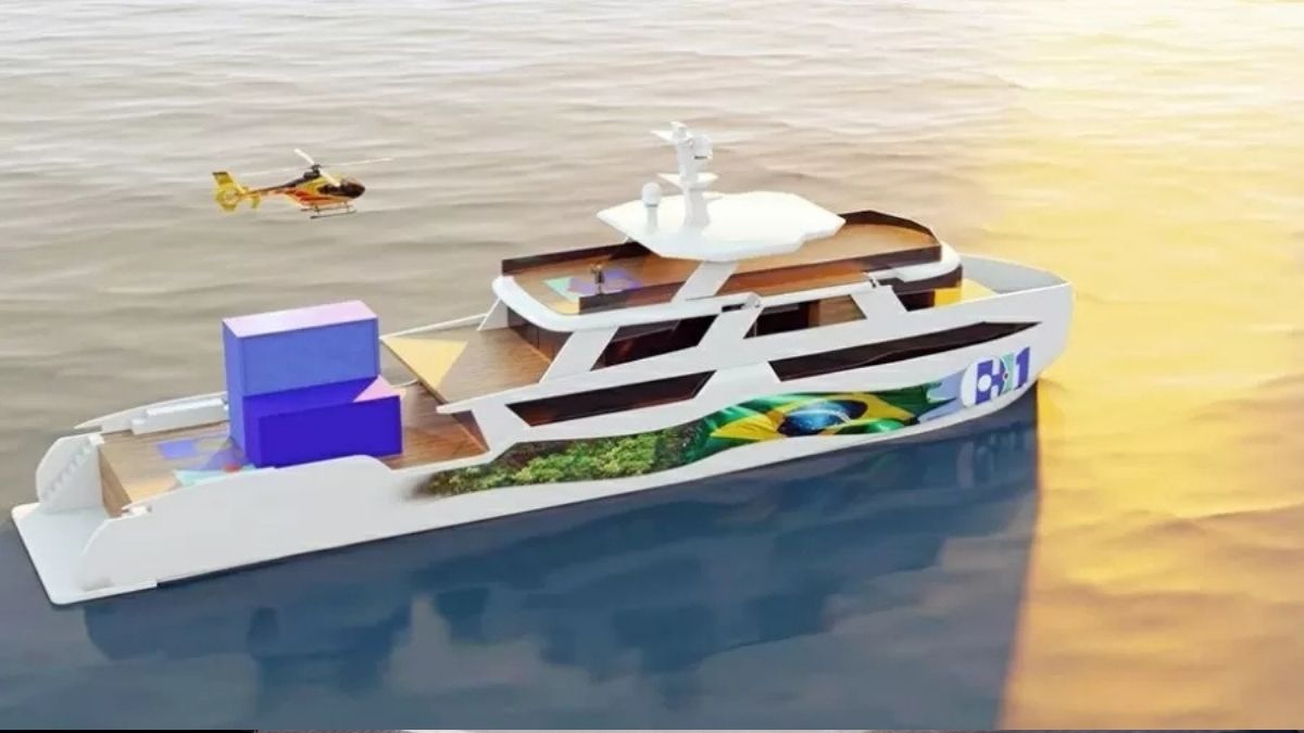 Simulação do barco movido a hidrogênio verde em operação no mar com design sustentável