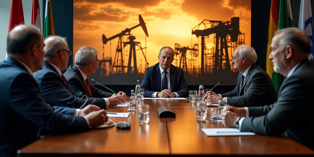 Uma cena dinâmica da Cúpula de Líderes do Brics, com líderes mundiais debatendo sobre petróleo e preços de combustíveis. Um fundo que mostra bandeiras dos países participantes e um grande telão exibindo gráficos de queda nos preços do petróleo. A atmosfera é de intensa discussão, com expressões sérias e gestos enfáticos dos líderes.